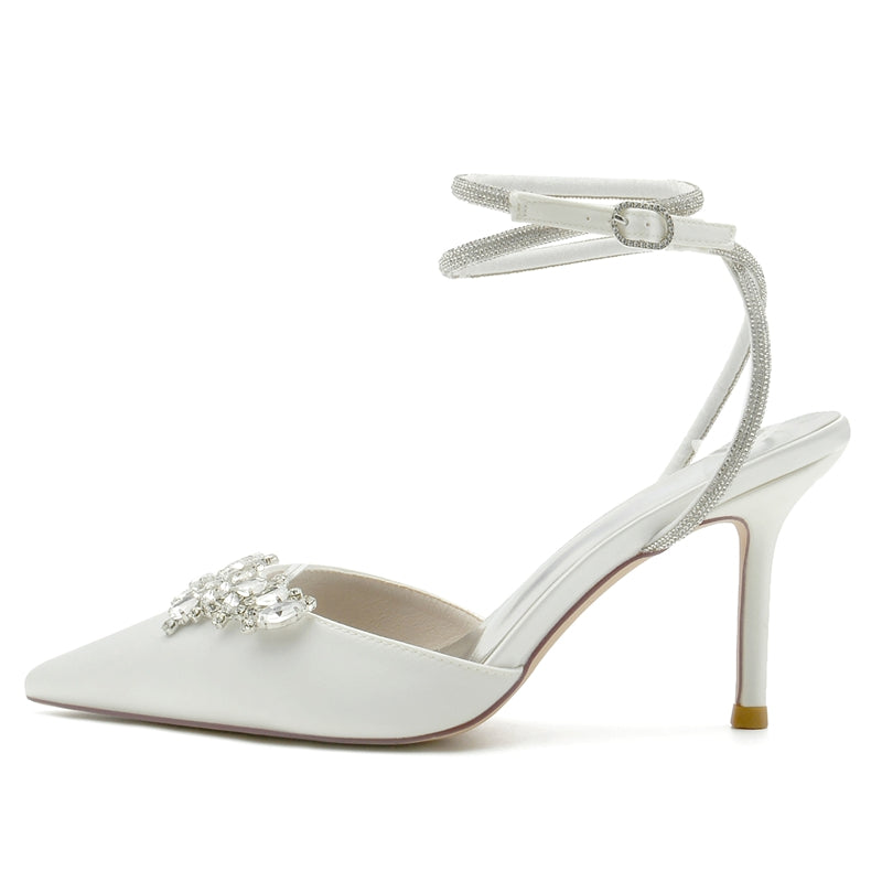 Women's Wedding Shoes Closed Toe High Heel Exquisite Ankle Strap Bridal Shoes with Rhinestone