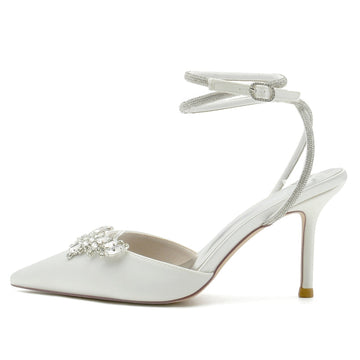 Women's Wedding Shoes Closed Toe High Heel Exquisite Ankle Strap Bridal Shoes with Rhinestone