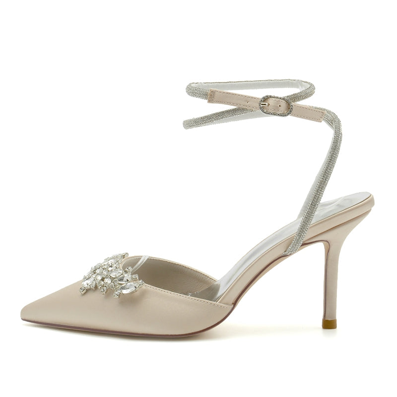 Women's Wedding Shoes Closed Toe High Heel Exquisite Ankle Strap Bridal Shoes with Rhinestone