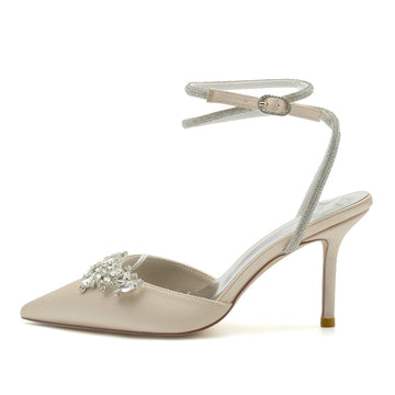 Women's Wedding Shoes Closed Toe High Heel Exquisite Ankle Strap Bridal Shoes with Rhinestone