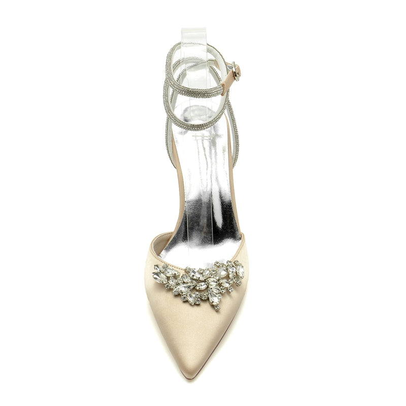 Women's Wedding Shoes Closed Toe High Heel Exquisite Ankle Strap Bridal Shoes with Rhinestone