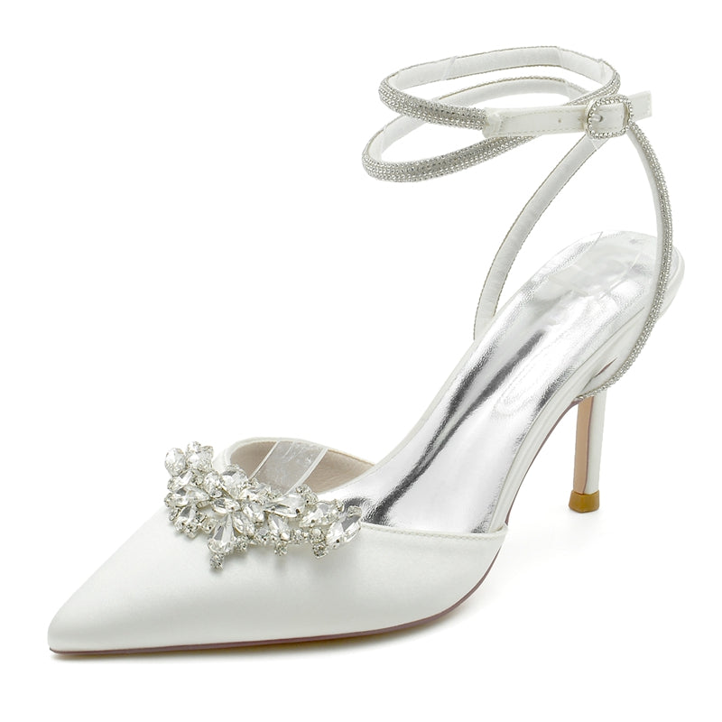Women's Wedding Shoes Closed Toe High Heel Exquisite Ankle Strap Bridal Shoes with Rhinestone