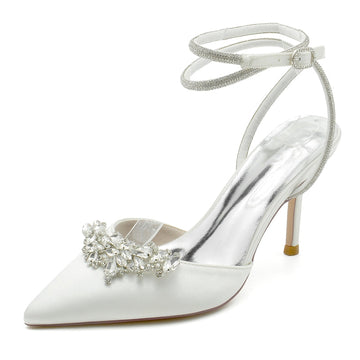 Women's Wedding Shoes Closed Toe High Heel Exquisite Ankle Strap Bridal Shoes with Rhinestone