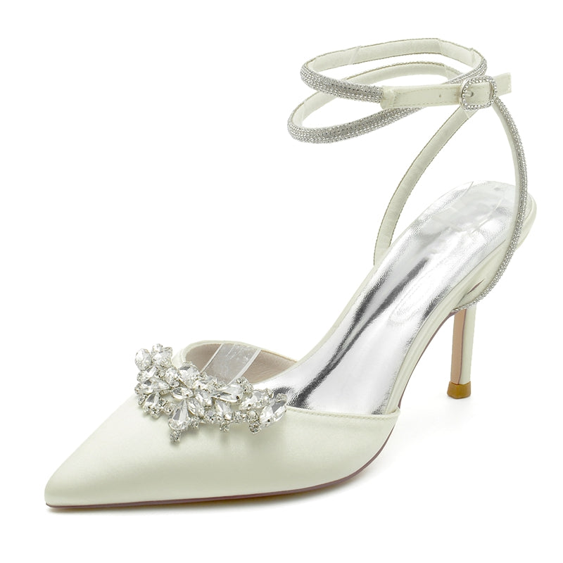 Women's Wedding Shoes Closed Toe High Heel Exquisite Ankle Strap Bridal Shoes with Rhinestone