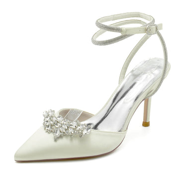 Women's Wedding Shoes Closed Toe High Heel Exquisite Ankle Strap Bridal Shoes with Rhinestone