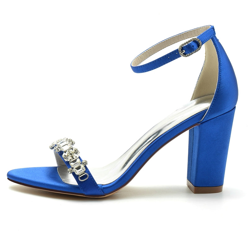 Women's Wedding Shoes Opened Toe Block Heel Buckle Bridal Shoes with Delicate Rhinestone
