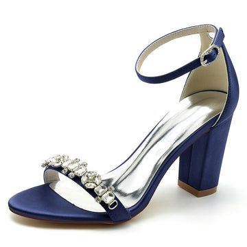 Women's Wedding Shoes Opened Toe Block Heel Buckle Bridal Shoes with Delicate Rhinestone