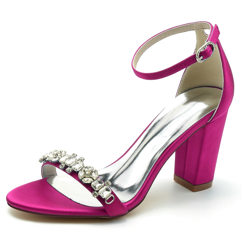 Women's Wedding Shoes Opened Toe Block Heel Buckle Bridal Shoes with Delicate Rhinestone
