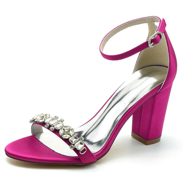 Women's Wedding Shoes Opened Toe Block Heel Buckle Bridal Shoes with Delicate Rhinestone