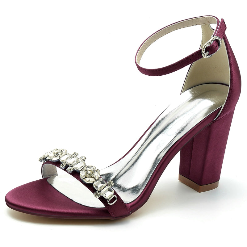 Women's Wedding Shoes Opened Toe Block Heel Buckle Bridal Shoes with Delicate Rhinestone