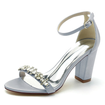 Women's Wedding Shoes Opened Toe Block Heel Buckle Bridal Shoes with Delicate Rhinestone