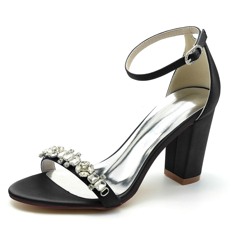 Women's Wedding Shoes Opened Toe Block Heel Buckle Bridal Shoes with Delicate Rhinestone