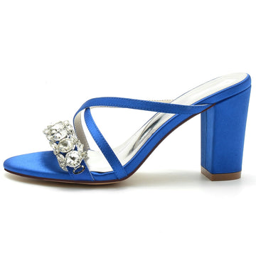 Women's Wedding Shoes Cross-strap Opened Toe Block Heel Slip-on Bridal Shoes with Luxurious Rhinestone
