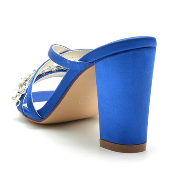 Women's Wedding Shoes Cross-strap Opened Toe Block Heel Slip-on Bridal Shoes with Luxurious Rhinestone