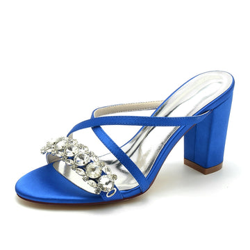 Women's Wedding Shoes Cross-strap Opened Toe Block Heel Slip-on Bridal Shoes with Luxurious Rhinestone