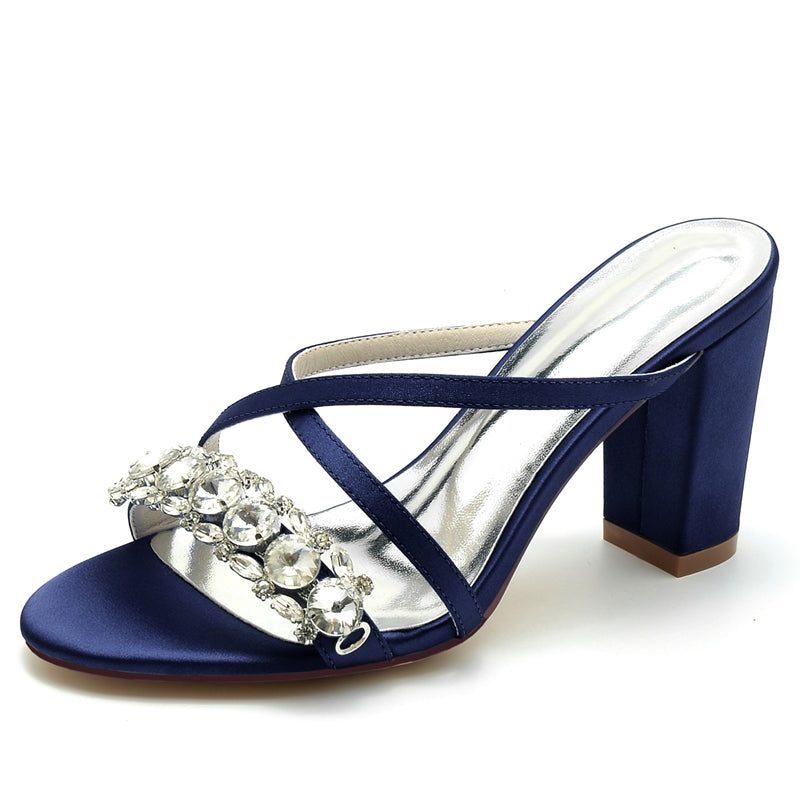 Women's Wedding Shoes Cross-strap Opened Toe Block Heel Slip-on Bridal Shoes with Luxurious Rhinestone