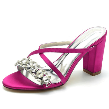 Women's Wedding Shoes Cross-strap Opened Toe Block Heel Slip-on Bridal Shoes with Luxurious Rhinestone