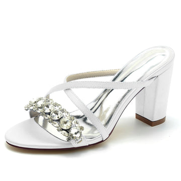 Women's Wedding Shoes Cross-strap Opened Toe Block Heel Slip-on Bridal Shoes with Luxurious Rhinestone