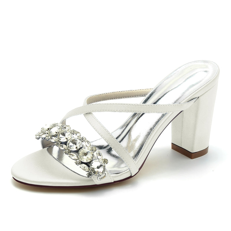 Women's Wedding Shoes Cross-strap Opened Toe Block Heel Slip-on Bridal Shoes with Luxurious Rhinestone