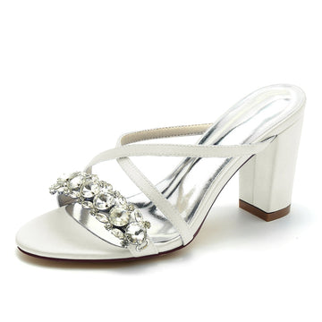 Women's Wedding Shoes Cross-strap Opened Toe Block Heel Slip-on Bridal Shoes with Luxurious Rhinestone