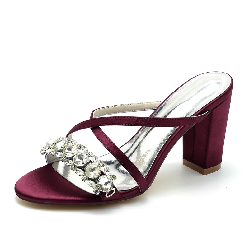 Women's Wedding Shoes Cross-strap Opened Toe Block Heel Slip-on Bridal Shoes with Luxurious Rhinestone