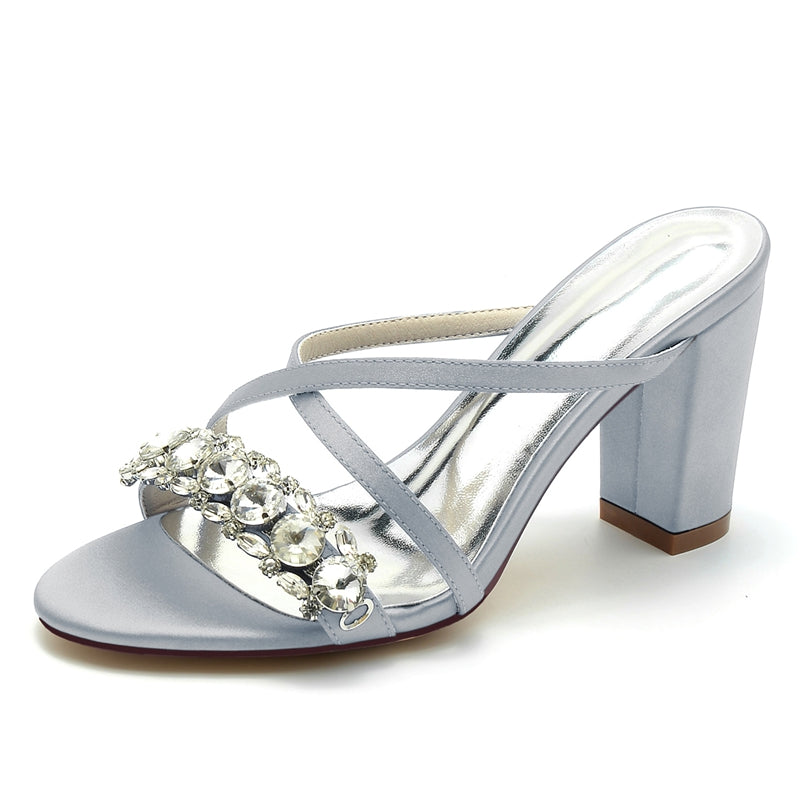 Women's Wedding Shoes Cross-strap Opened Toe Block Heel Slip-on Bridal Shoes with Luxurious Rhinestone
