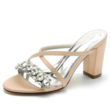 Women's Wedding Shoes Cross-strap Opened Toe Block Heel Slip-on Bridal Shoes with Luxurious Rhinestone
