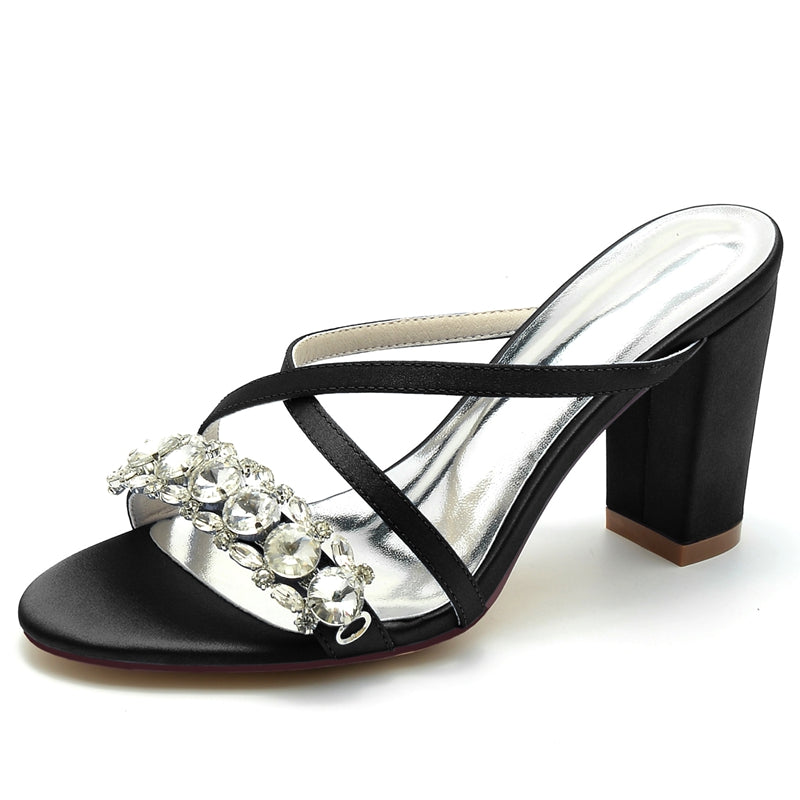 Women's Wedding Shoes Cross-strap Opened Toe Block Heel Slip-on Bridal Shoes with Luxurious Rhinestone
