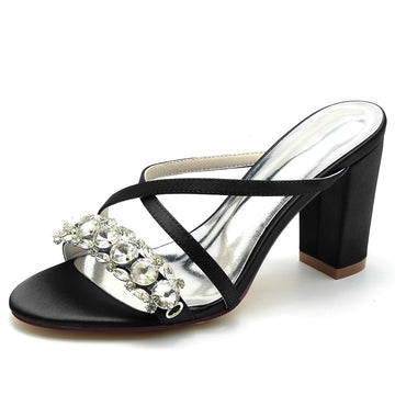 Women's Wedding Shoes Cross-strap Opened Toe Block Heel Slip-on Bridal Shoes with Luxurious Rhinestone