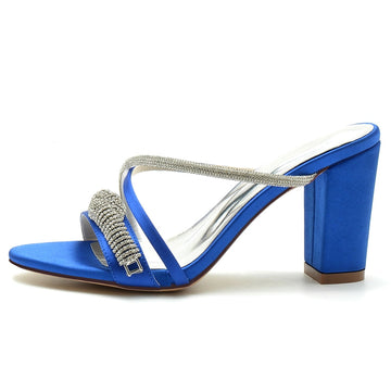 Women's Wedding Shoes Slip-on Opened Toe Cross-strap Block Heel Bridal Shoes with Spiral Rhinestone
