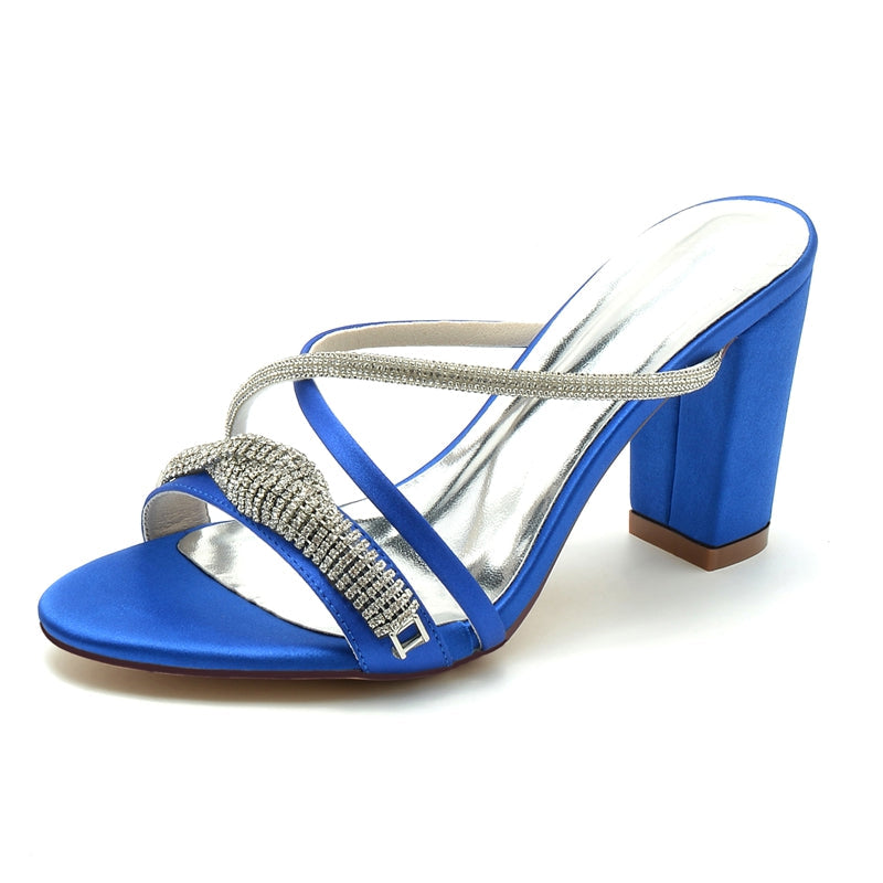 Women's Wedding Shoes Slip-on Opened Toe Cross-strap Block Heel Bridal Shoes with Spiral Rhinestone