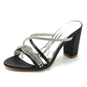 Women's Wedding Shoes Slip-on Opened Toe Cross-strap Block Heel Bridal Shoes with Spiral Rhinestone