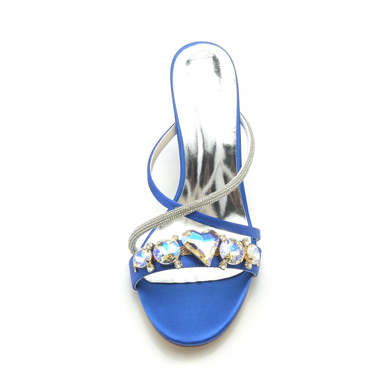 Women's Wedding Shoes Fancy Rhinestone Cross-strap Opened Toe Block Heel Slip-on Bridal Shoes