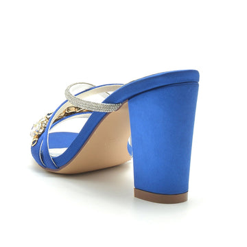 Women's Wedding Shoes Fancy Rhinestone Cross-strap Opened Toe Block Heel Slip-on Bridal Shoes