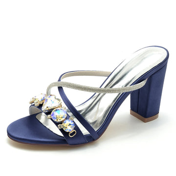 Women's Wedding Shoes Fancy Rhinestone Cross-strap Opened Toe Block Heel Slip-on Bridal Shoes