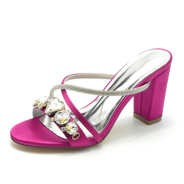 Women's Wedding Shoes Fancy Rhinestone Cross-strap Opened Toe Block Heel Slip-on Bridal Shoes