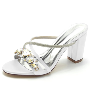 Women's Wedding Shoes Fancy Rhinestone Cross-strap Opened Toe Block Heel Slip-on Bridal Shoes