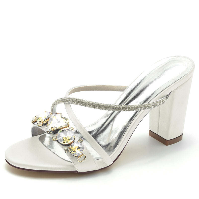 Women's Wedding Shoes Fancy Rhinestone Cross-strap Opened Toe Block Heel Slip-on Bridal Shoes