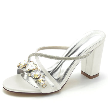 Women's Wedding Shoes Fancy Rhinestone Cross-strap Opened Toe Block Heel Slip-on Bridal Shoes