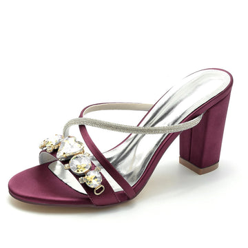 Women's Wedding Shoes Fancy Rhinestone Cross-strap Opened Toe Block Heel Slip-on Bridal Shoes