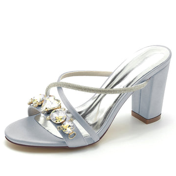 Women's Wedding Shoes Fancy Rhinestone Cross-strap Opened Toe Block Heel Slip-on Bridal Shoes