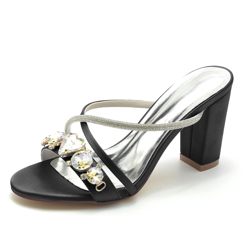Women's Wedding Shoes Fancy Rhinestone Cross-strap Opened Toe Block Heel Slip-on Bridal Shoes