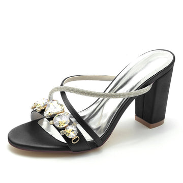 Women's Wedding Shoes Fancy Rhinestone Cross-strap Opened Toe Block Heel Slip-on Bridal Shoes