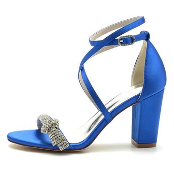 Women's Wedding Shoes Crossed Straps Block Heel Opened Toe Buckle Bridal Shoes with Crystal
