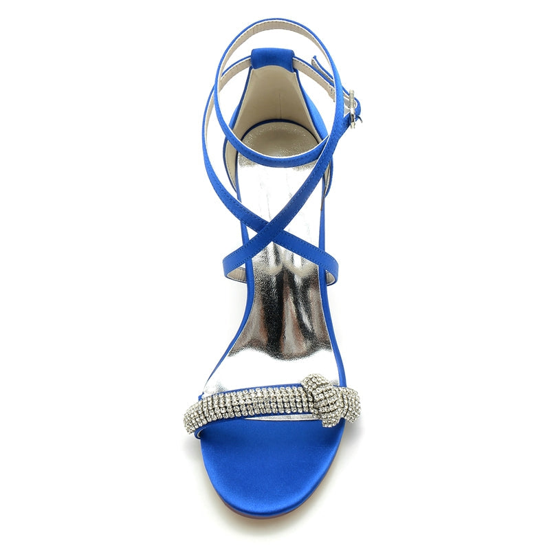 Women's Wedding Shoes Crossed Straps Block Heel Opened Toe Buckle Bridal Shoes with Crystal