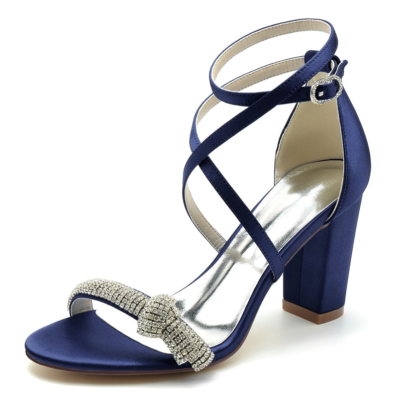 Women's Wedding Shoes Crossed Straps Block Heel Opened Toe Buckle Bridal Shoes with Crystal