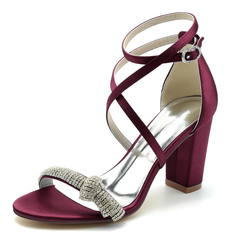 Women's Wedding Shoes Crossed Straps Block Heel Opened Toe Buckle Bridal Shoes with Crystal