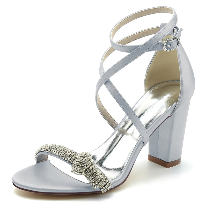 Women's Wedding Shoes Crossed Straps Block Heel Opened Toe Buckle Bridal Shoes with Crystal