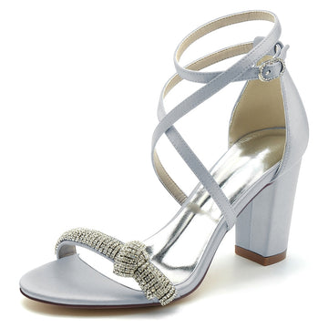 Women's Wedding Shoes Crossed Straps Block Heel Opened Toe Buckle Bridal Shoes with Crystal