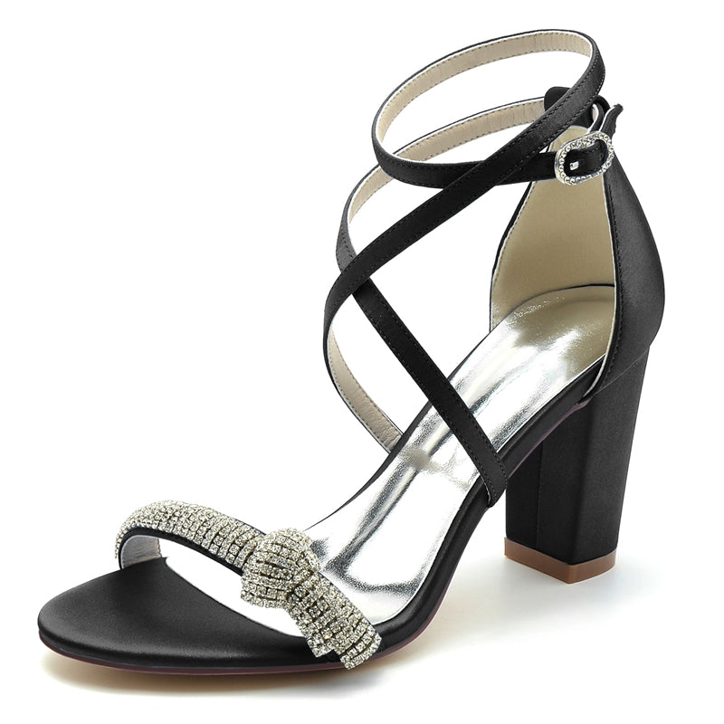 Women's Wedding Shoes Crossed Straps Block Heel Opened Toe Buckle Bridal Shoes with Crystal